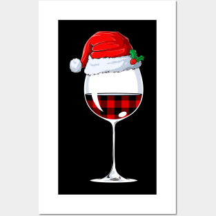 Red Buffalo Plaid Wine Glass Santa Hat Christmas Posters and Art